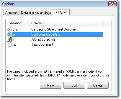 ASCII transfer mode is used when performing profile tasks for file types specified in the list. You can add, edit or delete file types from the list using corresponding buttons