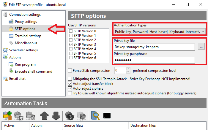 SFTP-Server-Verbindungseinstellungen: privater Schlüssel