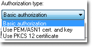 authentication method: basic or using PEM/ASN1 or PKCS12 certificates and keys