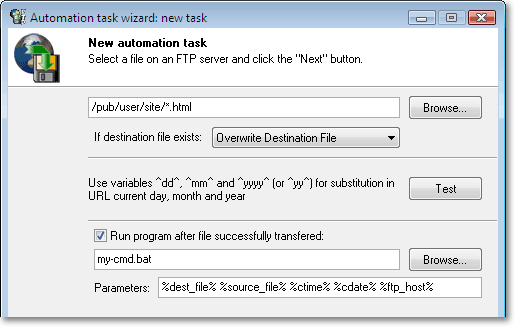 Select destination folder on your PC for download mode or folder on ftp server for upload mode