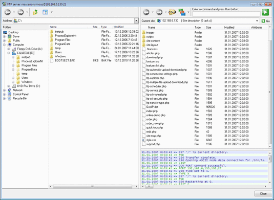 Le FTP Explorer inclus est dédié à une navigation aisée sur un ftp server lors des créations/éditions des tâches de upload ou download. Vous pouvez downloader et uploader fichiers et dossiers manuellement, créer de nouveau dossiers, renommer, effacer des fichiers sur le serveur ftp, changer les permissions d’accès pour les fichiers sur le serveur ftp.