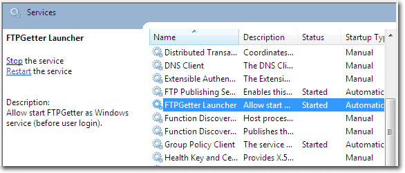 Si vous devez lancer FTPGetter comme un service de Windows - installez FTPGetter Launcher. Gérez FTPGetter Launcher dans une fenêtre MMC