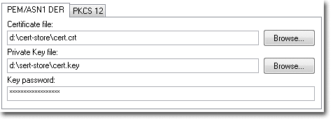 Clef et certificat PEM/ASN1 – sélectionne les fichiers du certificat et de la clef et entrer le mot de passe de la clef