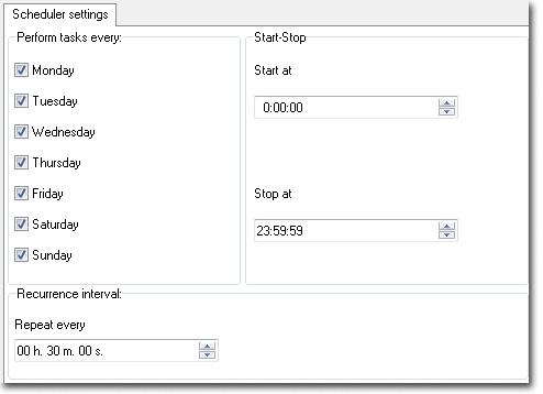 Use scheduler to specify weekdays, start and stop time the task should be performed. Profile tasks are performed at specified frequency. The minimum interval is one minute, maximum interval is 11 hour 59 minutes.