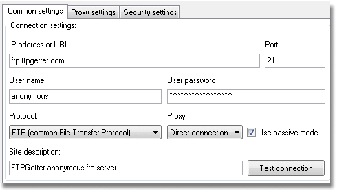 FTP server connection settings: ftp server address or URL, ftp or ftp over ssl protocols settings, user name and password, direct or through proxy connection