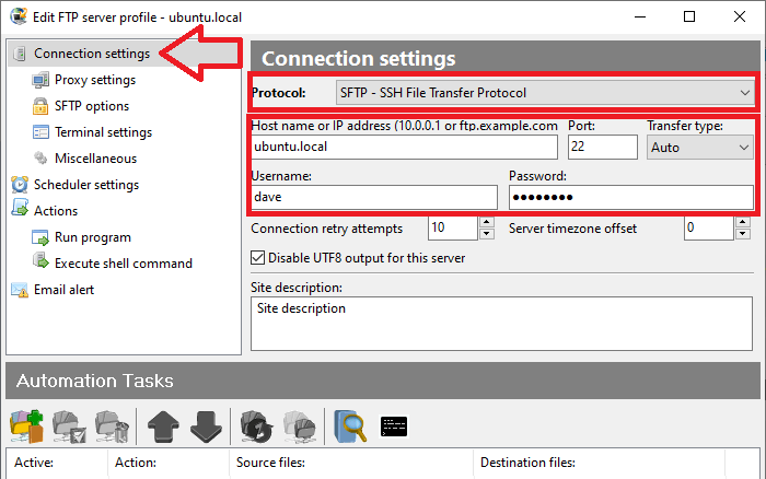 SFTP server connection settings: sftp server address or URL, user name and password