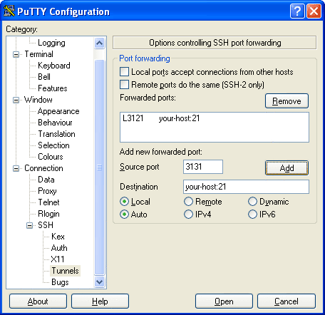 SSH local port forwarding settings