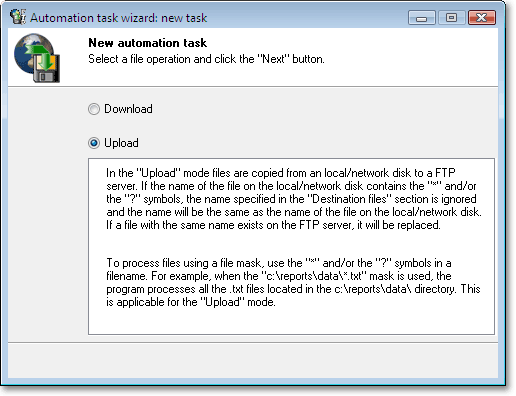 Task operation - download (files are downloaded from an ftp server to your PC); remove (files are downloaded from an ftp server to your PC, the original files on the ftp server are then deleted); upload (upload files from your computer to an FTP server.