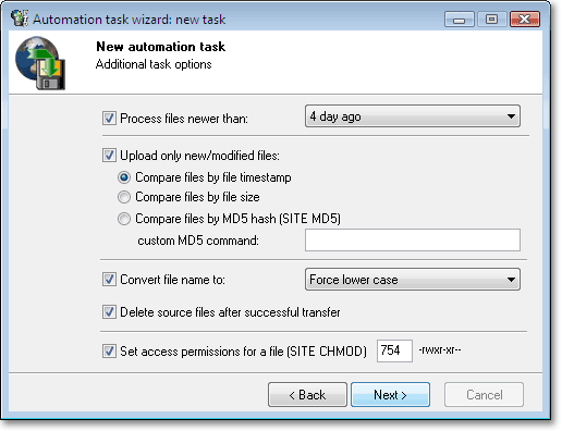 Here, you can select additional task: Delete source files after upload, Set access permissions for a file (SITE CHMOD), Preserve source timestamp, Resume broken transfer, Compare remote and local files: By MD5 hash (SITE MD5), Custom MD5 command, By file size, By file timestamp