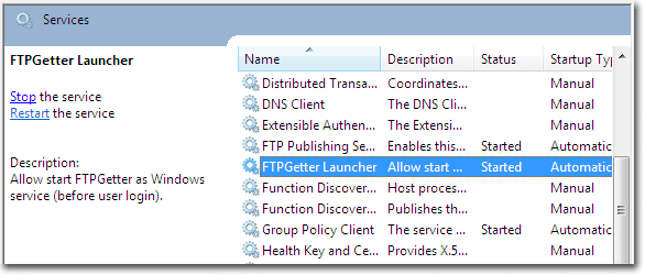 FTPGetter を Windowsサービスとして実行する必要がある場合は FTPGetter Launcher をインストールしてください。MMC で FTPGetter Launcher を管理できます