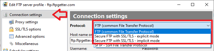 使用するプロトコルを指定 - 通常のFTPまたはFTP over SSL/TLS