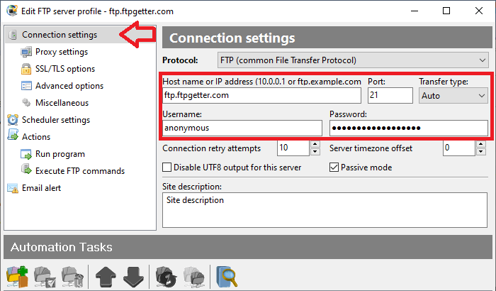 FTPサーバー接続設定: FTPサーバーアドレスまたはURL、FTPまたはFTP over SSLプロトコル設定、ユーザー名とパスワード、直接接続またはプロキシ経由接続