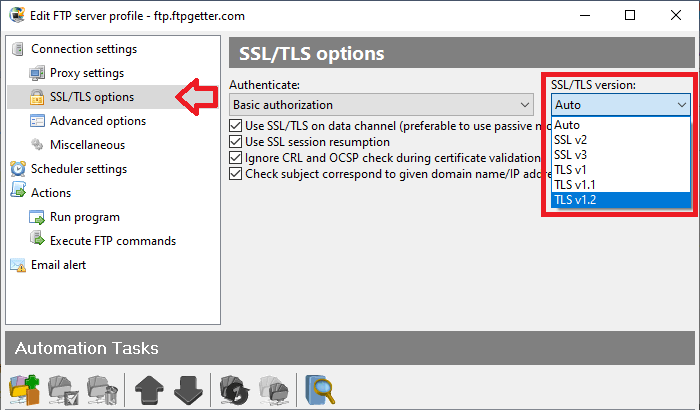 FTP over SSL/TLS - セキュリティメカニズムを選択（SSL v2、SSL v3、TLS v1、TLS v1.1）