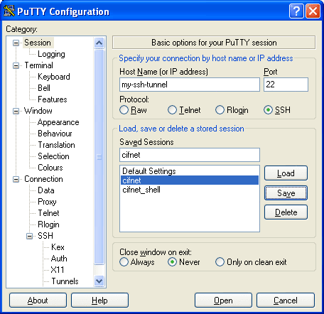 PuTTY を使用してFTP接続をトンネリングするためのSSHセッションを作成