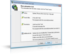 視覚的で使いやすいタスクウィザードを使用して FTP のアップロードおよびダウンロードタスクを定義します。MD5 ハッシュ、タイムスタンプ、サイズによるファイル比較、ファイルアクセス権限 (CHMOD) の定義、日時保持 (MDTM) が可能です。