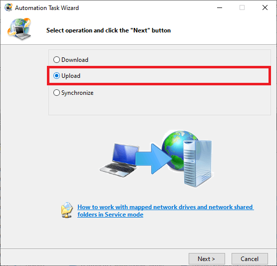 タスク操作 - download（FTPサーバーからPCへファイルをダウンロード）; remove（FTPサーバーからPCへファイルをダウンロードし、その後FTPサーバー上の元ファイルを削除）; upload（コンピューターからFTPサーバーへファイルをアップロード）